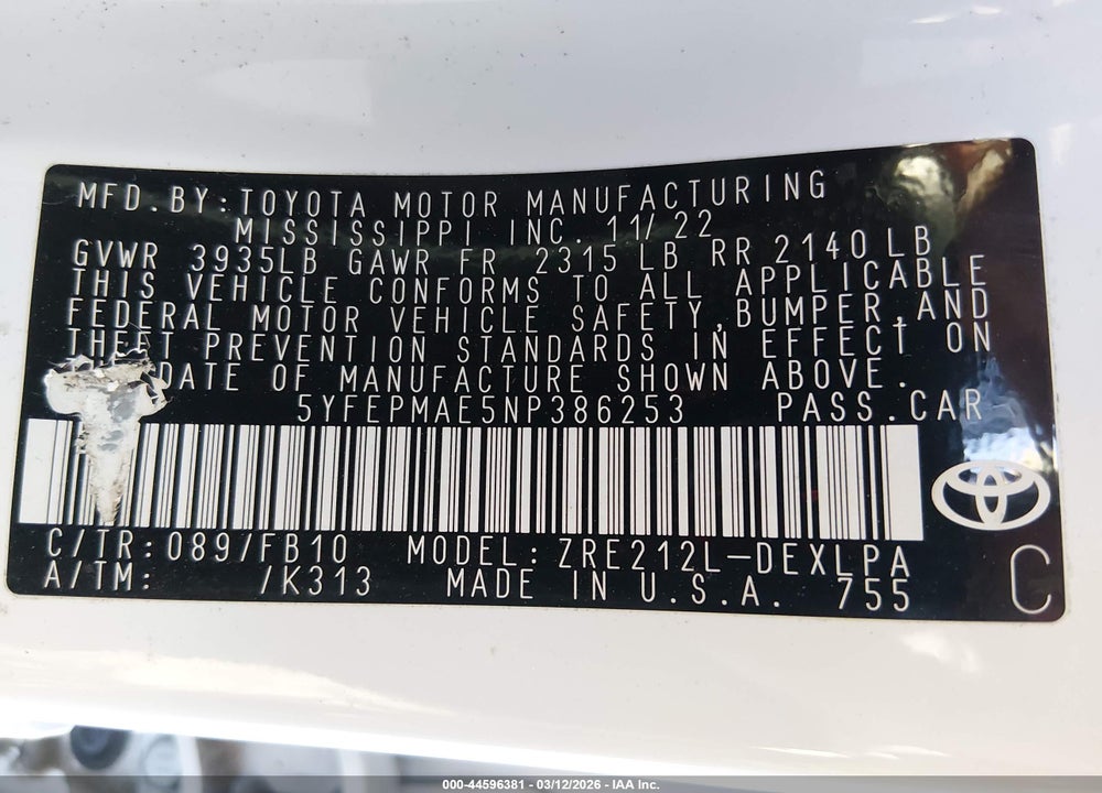 2022 TOYOTA COROLLA LE VIN: 5YFEPMAE5NP386253