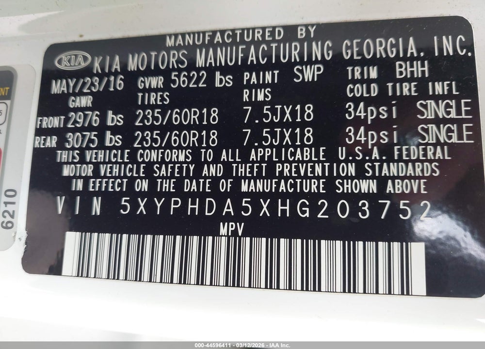 2017 KIA SORENTO 3.3L EX VIN: 5XYPHDA5XHG203752
