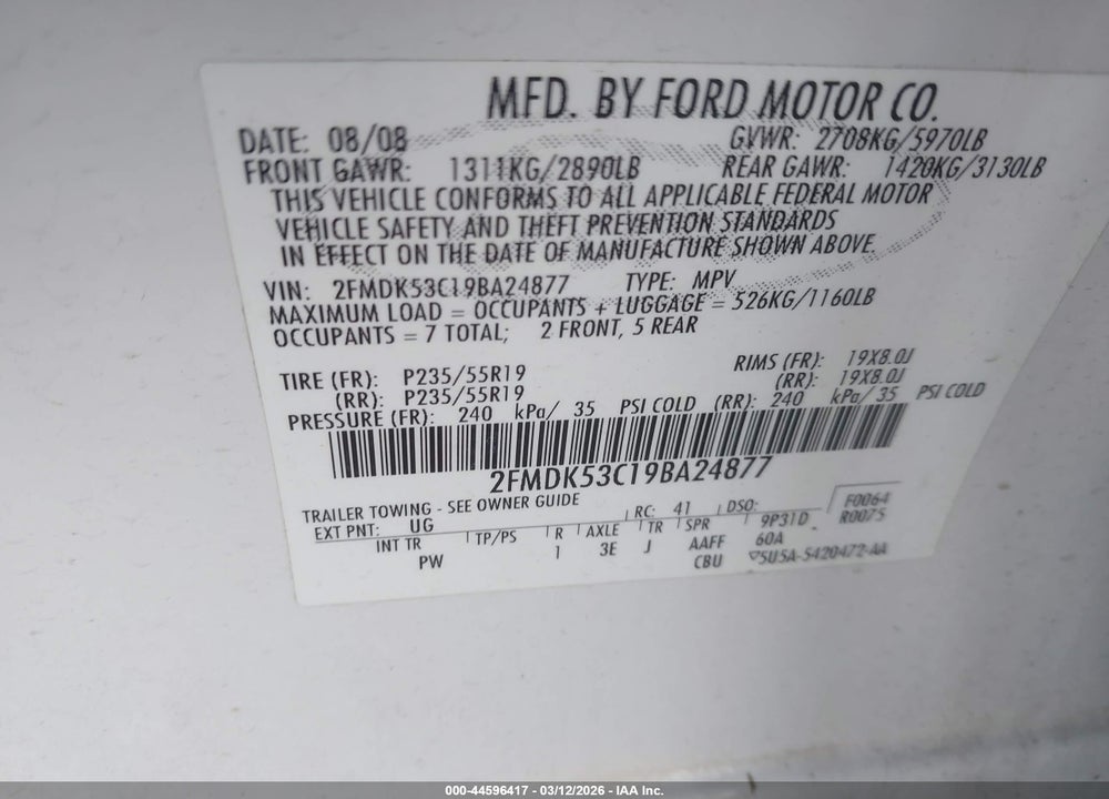 2009 FORD FLEX LIMITED VIN: 2FMDK53C19BA24877