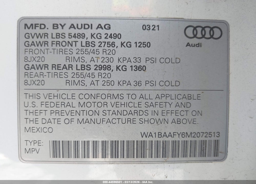 2021 AUDI Q5 PREMIUM PLUS 45 TFSI QUATTRO S TRONIC VIN: WA1BAAFY6M2072513