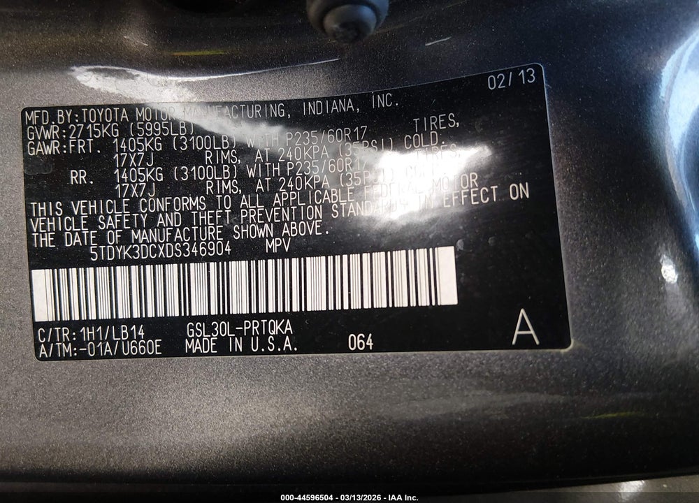 2013 TOYOTA SIENNA XLE V6 8 PASSENGER VIN: 5TDYK3DCXDS346904