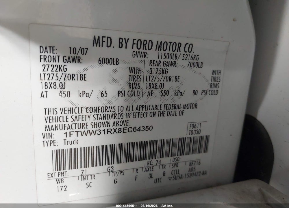 2008 FORD F-350 FX4/HARLEY-DAVIDSON/KING RANCH/LARIAT/XL/XLT VIN: 1FTWW31RX8EC64350