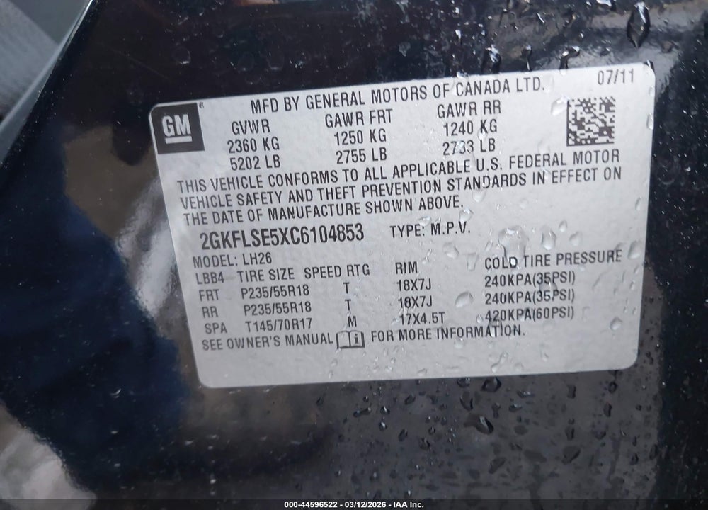 2012 GMC TERRAIN SLE-2 VIN: 2GKFLSE5XC6104853