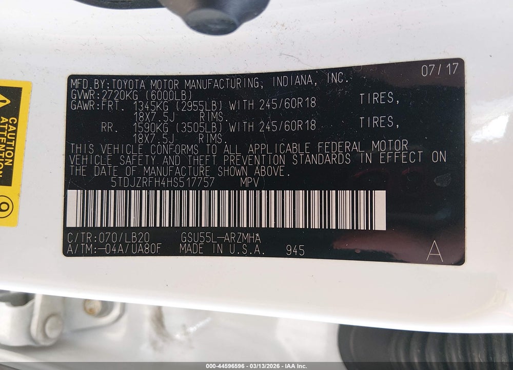 2017 TOYOTA HIGHLANDER XLE VIN: 5TDJZRFH4HS517757