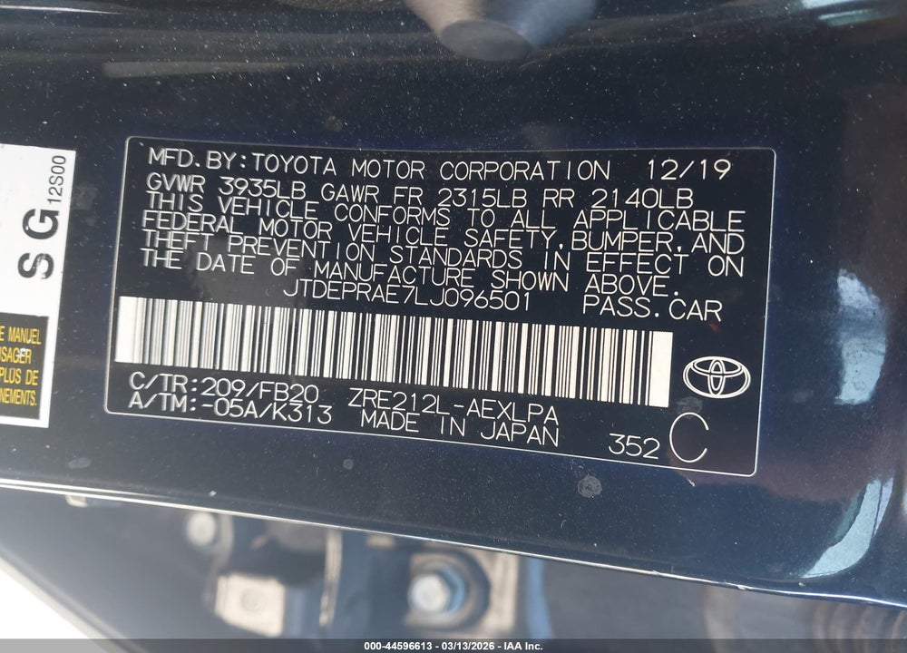 2020 TOYOTA COROLLA LE VIN: JTDEPRAE7LJ096501