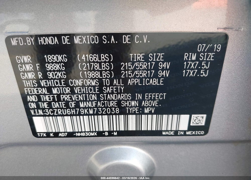 2019 HONDA HR-V EX-L VIN: 3CZRU6H79KM732038