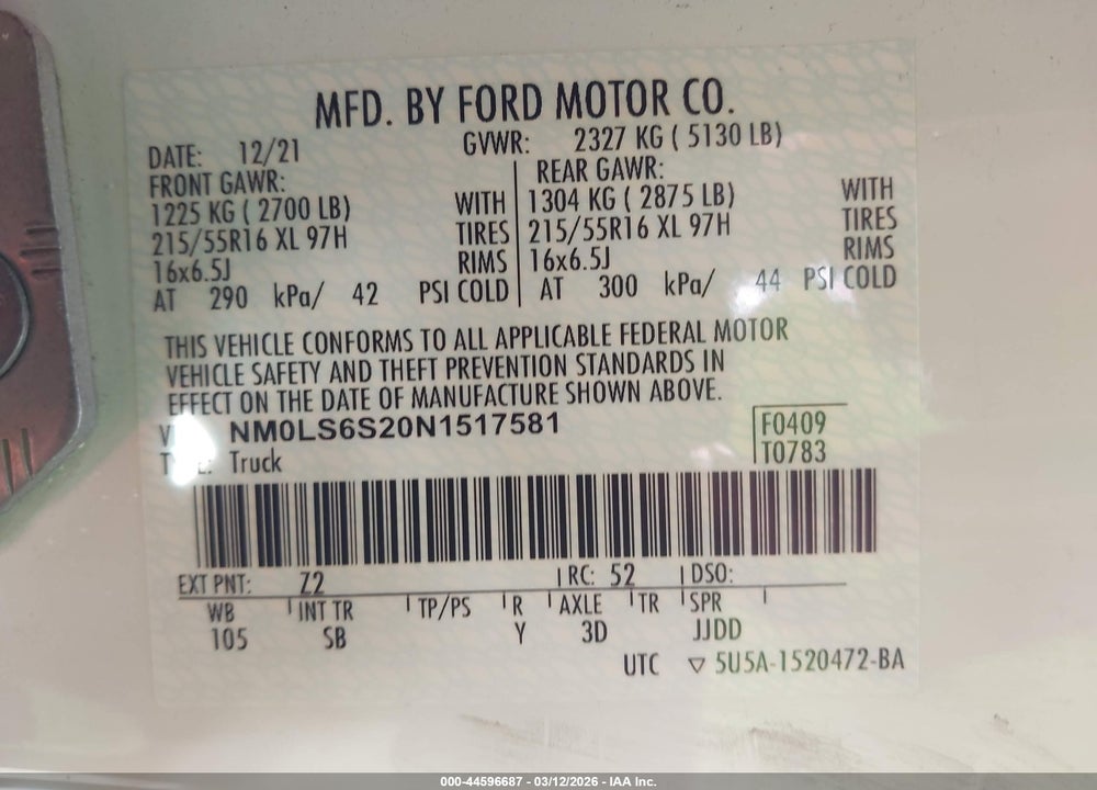 2022 FORD TRANSIT CONNECT XL VIN: NM0LS6S20N1517581