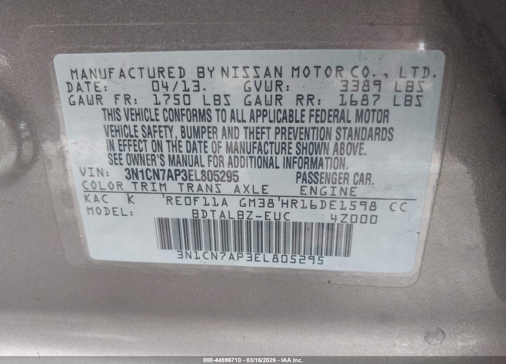 2014 NISSAN VERSA 1.6 SV VIN: 3N1CN7AP3EL805295