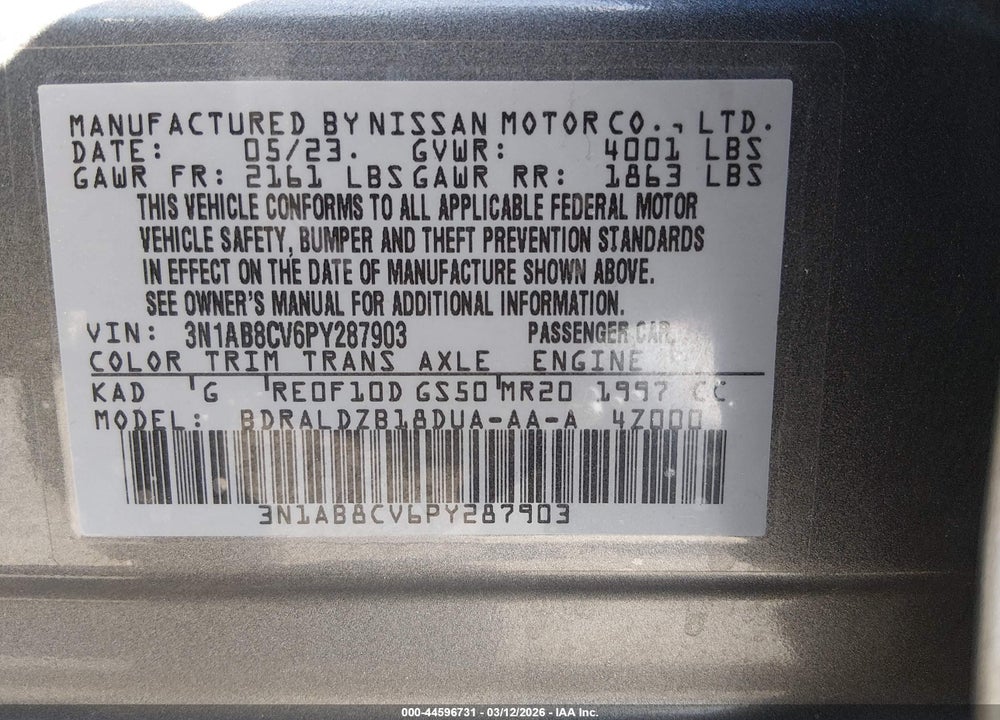 2023 NISSAN SENTRA SV XTRONIC CVT VIN: 3N1AB8CV6PY287903