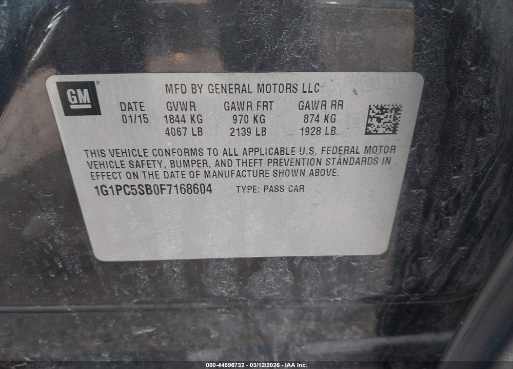 2015 CHEVROLET CRUZE 1LT AUTO VIN: 1G1PC5SB0F7168604