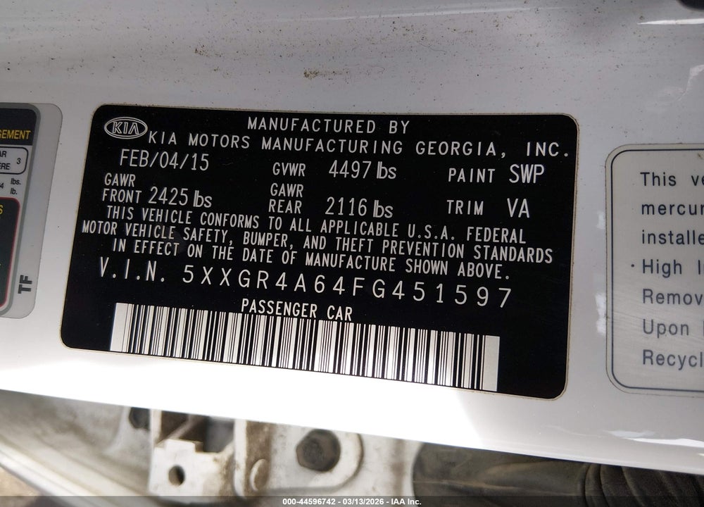 2015 KIA OPTIMA SXL TURBO VIN: 5XXGR4A64FG451597