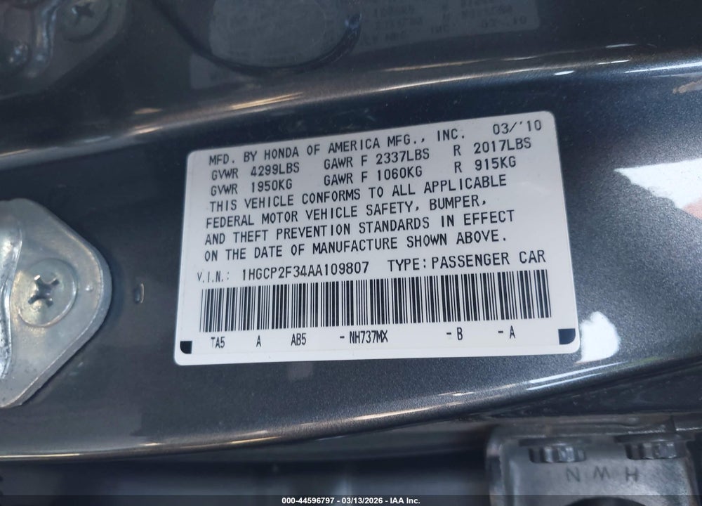 2010 HONDA ACCORD 2.4 LX VIN: 1HGCP2F34AA109807