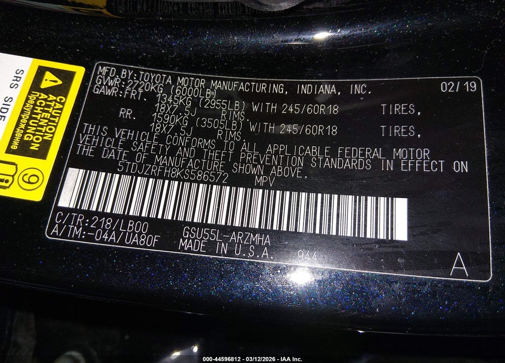 2019 TOYOTA HIGHLANDER XLE VIN: 5TDJZRFH8KS586572