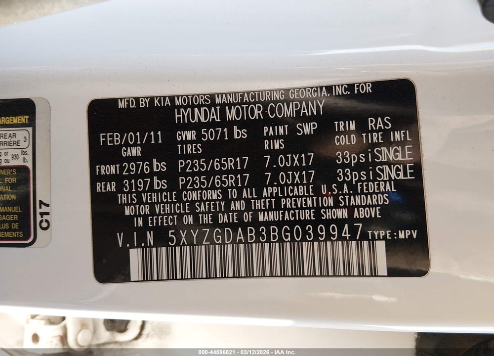 2011 HYUNDAI SANTA FE GLS VIN: 5XYZGDAB3BG039947