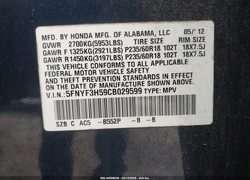 2012 HONDA PILOT EX-L VIN: 5FNYF3H59CB029599