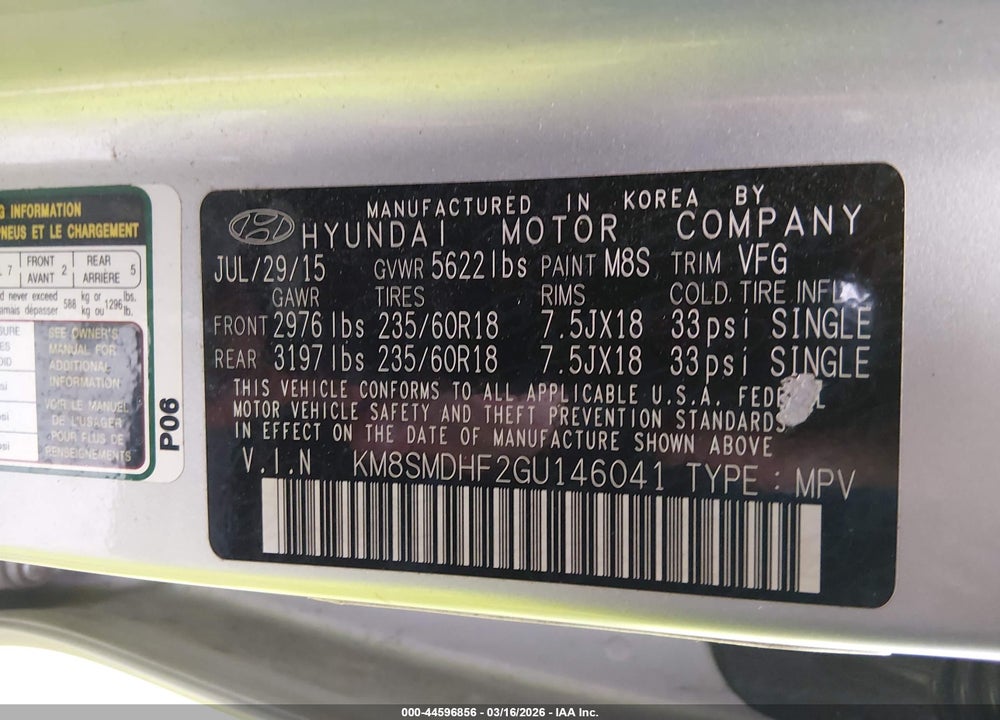 2016 HYUNDAI SANTA FE SE VIN: KM8SMDHF2GU146041