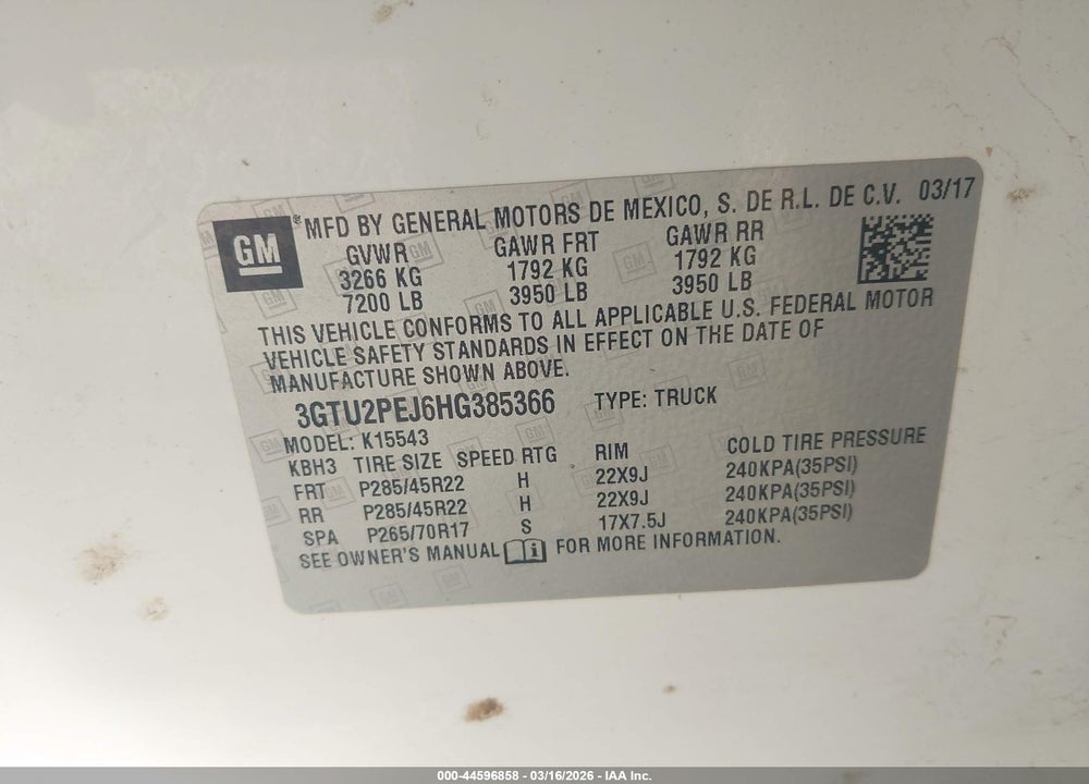 2017 GMC SIERRA 1500 DENALI VIN: 3GTU2PEJ6HG385366