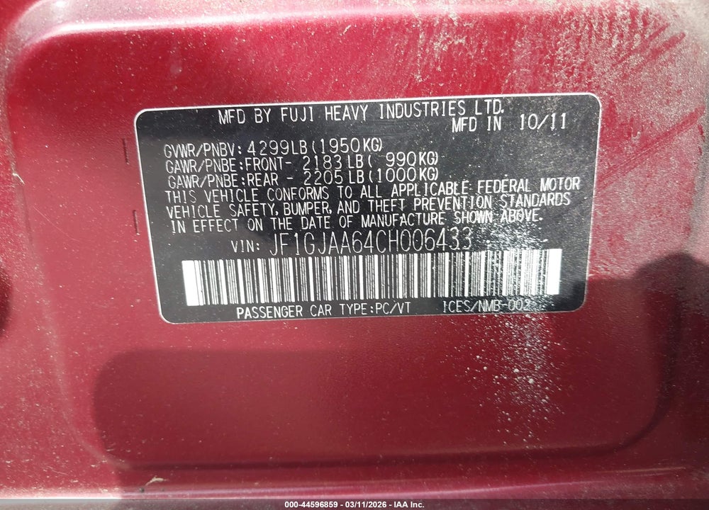 2012 SUBARU IMPREZA 2.0I VIN: JF1GJAA64CH006433