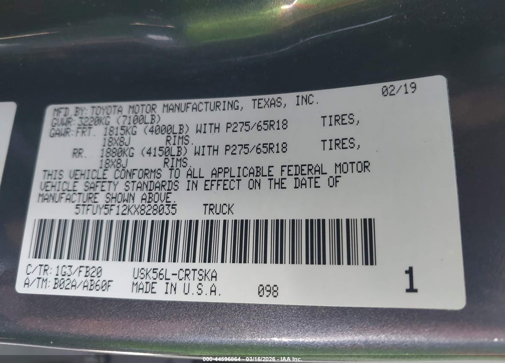 2019 TOYOTA TUNDRA SR5 5.7L V8 VIN: 5TFUY5F12KX828035