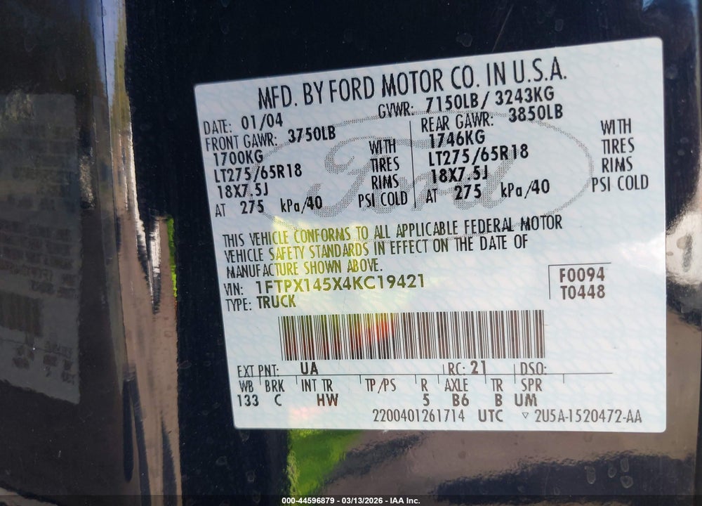 2004 FORD F-150 FX4/LARIAT/XL/XLT VIN: 1FTPX145X4KC19421