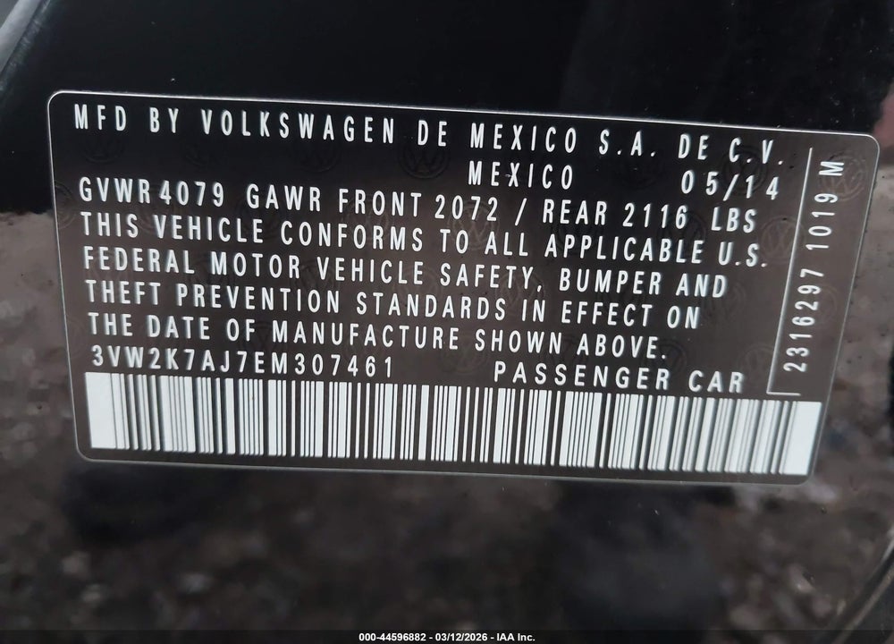 2014 VOLKSWAGEN JETTA 2.0L S VIN: 3VW2K7AJ7EM307461
