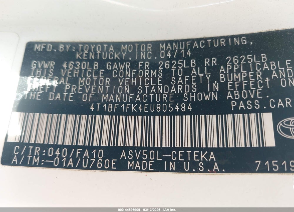 2014 TOYOTA CAMRY L VIN: 4T1BF1FK4EU805484