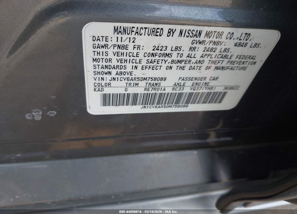 2013 INFINITI G37X VIN: JN1CV6AR5DM758089