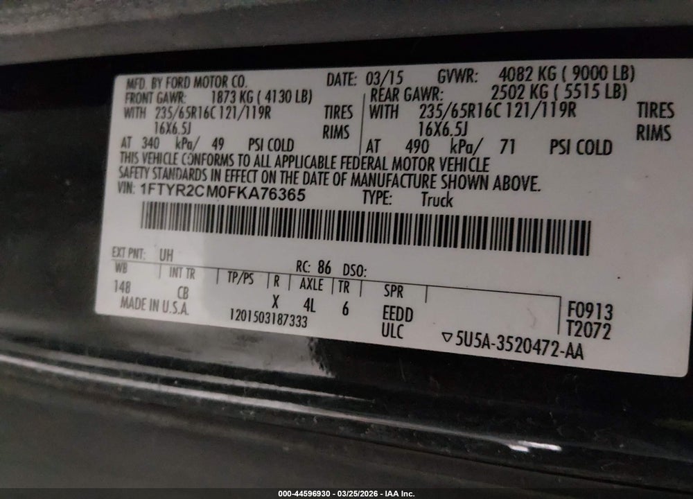 2015 FORD TRANSIT-250 VIN: 1FTYR2CM0FKA76365