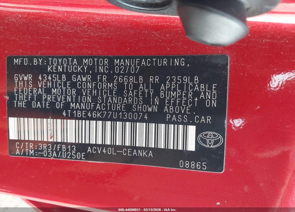 2007 TOYOTA CAMRY LE VIN: 4T1BE46K77U130074