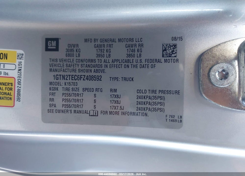 2015 GMC SIERRA 1500 VIN: 1GTN2TEC6FZ408592