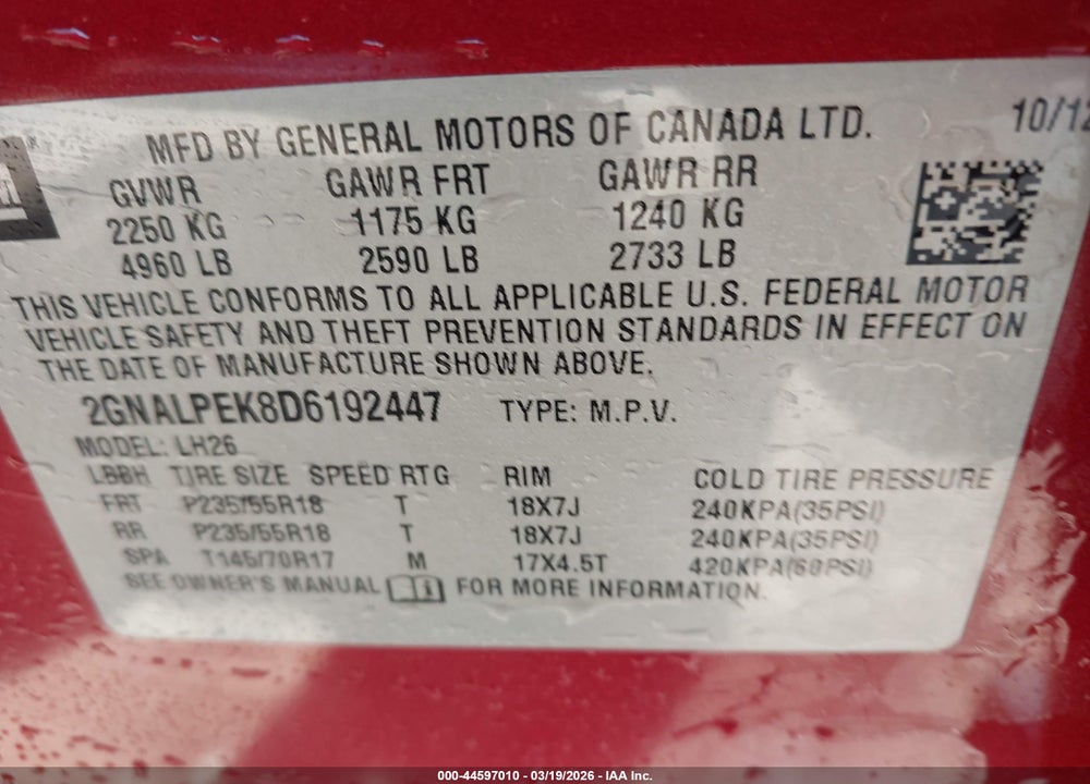 2013 CHEVROLET EQUINOX 2LT VIN: 2GNALPEK8D6192447