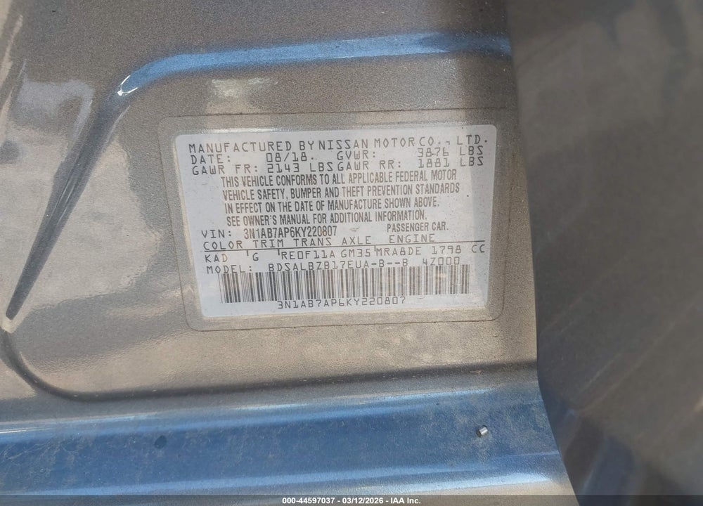 2019 NISSAN SENTRA S VIN: 3N1AB7AP6KY220807