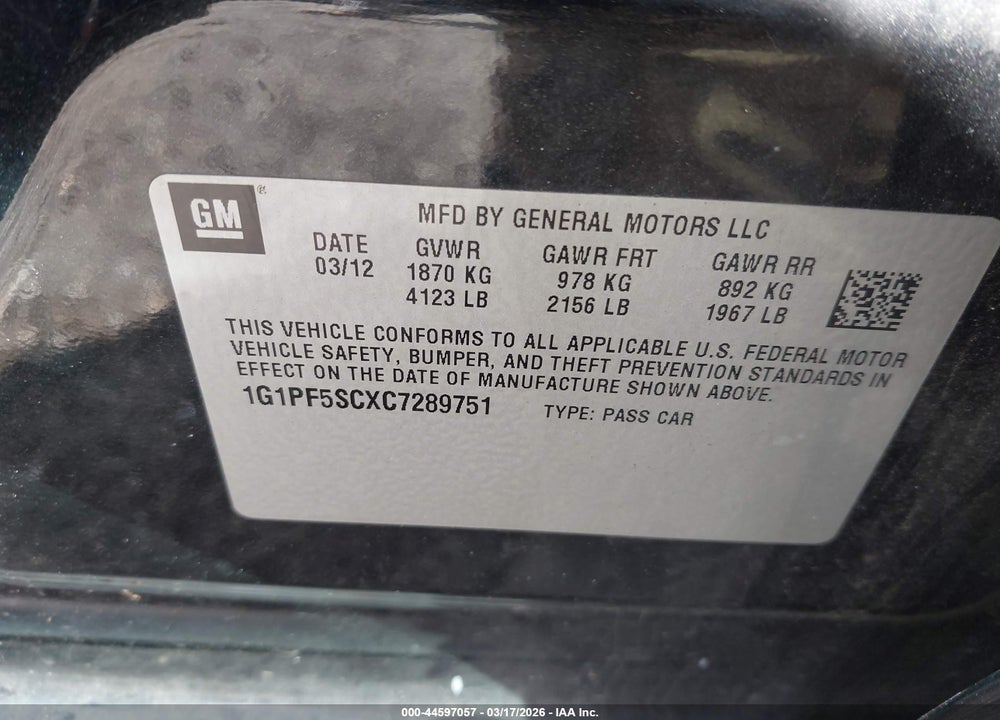 2012 CHEVROLET CRUZE 1LT VIN: 1G1PF5SCXC7289751
