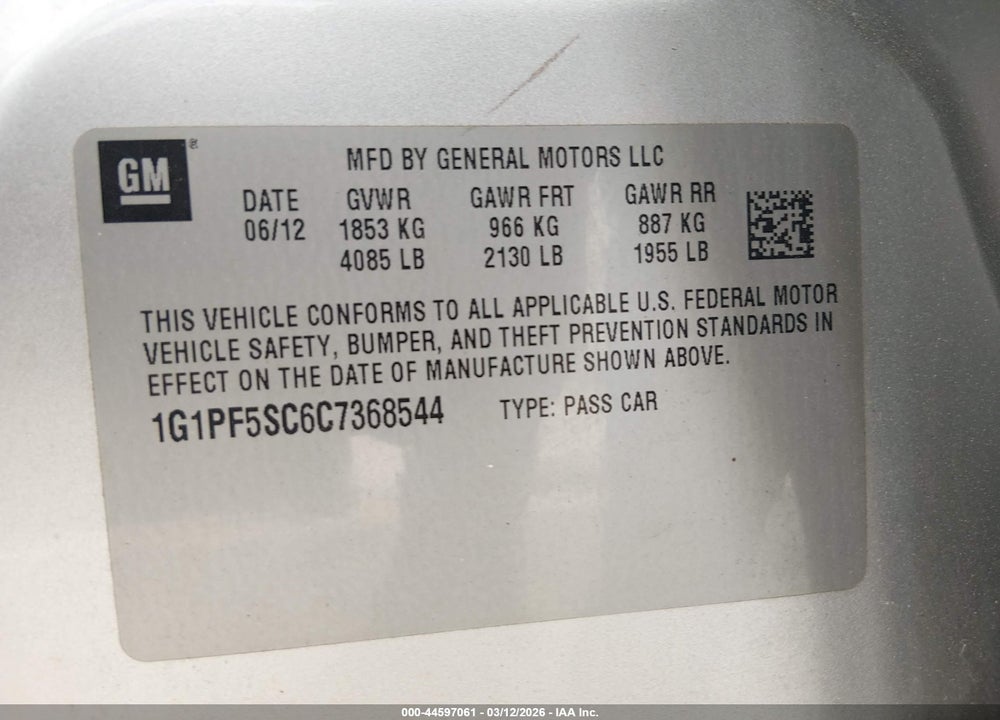 2012 CHEVROLET CRUZE 1LT VIN: 1G1PF5SC6C7368544