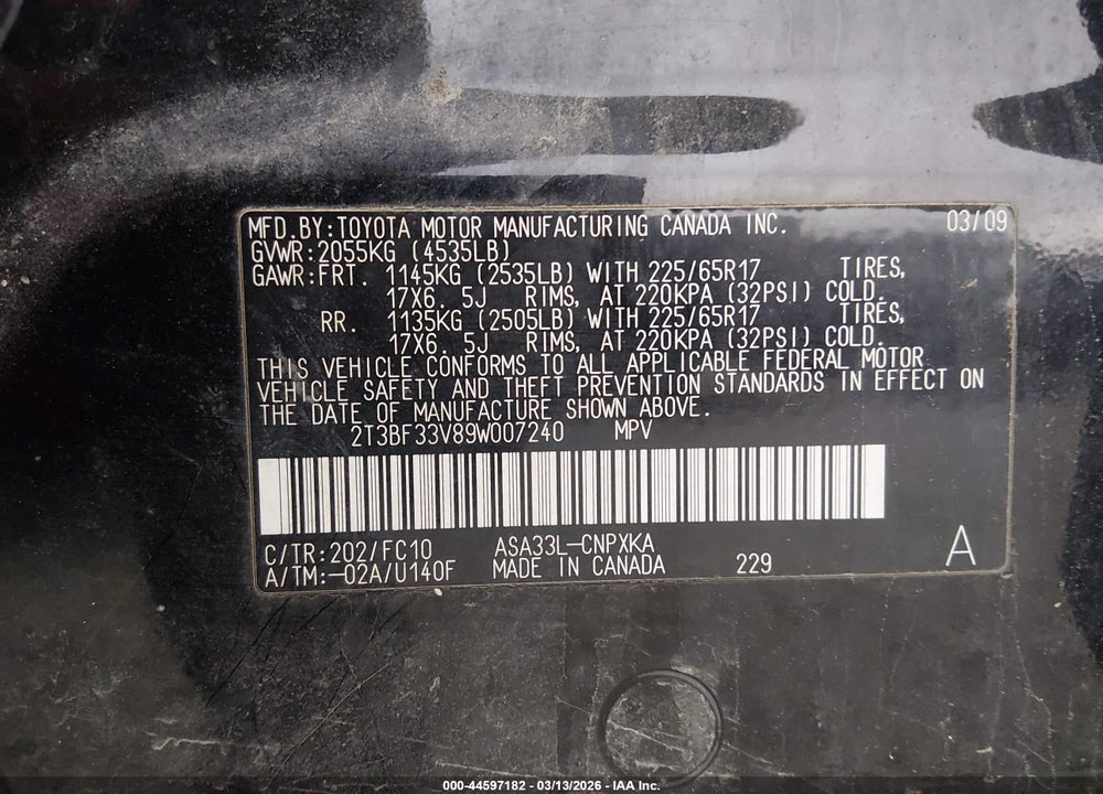 2009 TOYOTA RAV4 VIN: 2T3BF33V89W007240