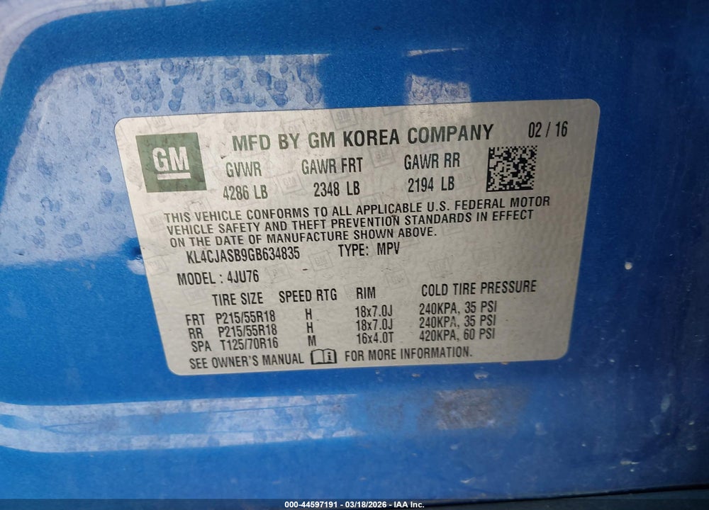2016 BUICK ENCORE VIN: KL4CJASB9GB634835