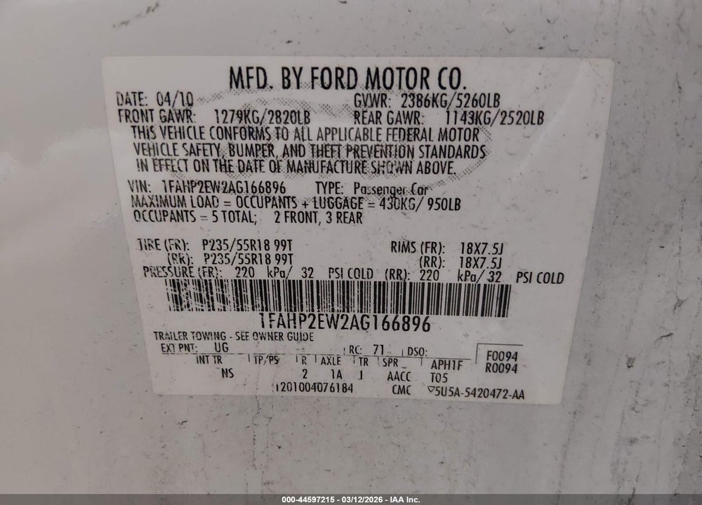 2010 FORD TAURUS SEL VIN: 1FAHP2EW2AG166896