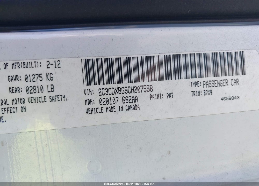 2012 DODGE CHARGER SE VIN: 2C3CDXBG9CH207558