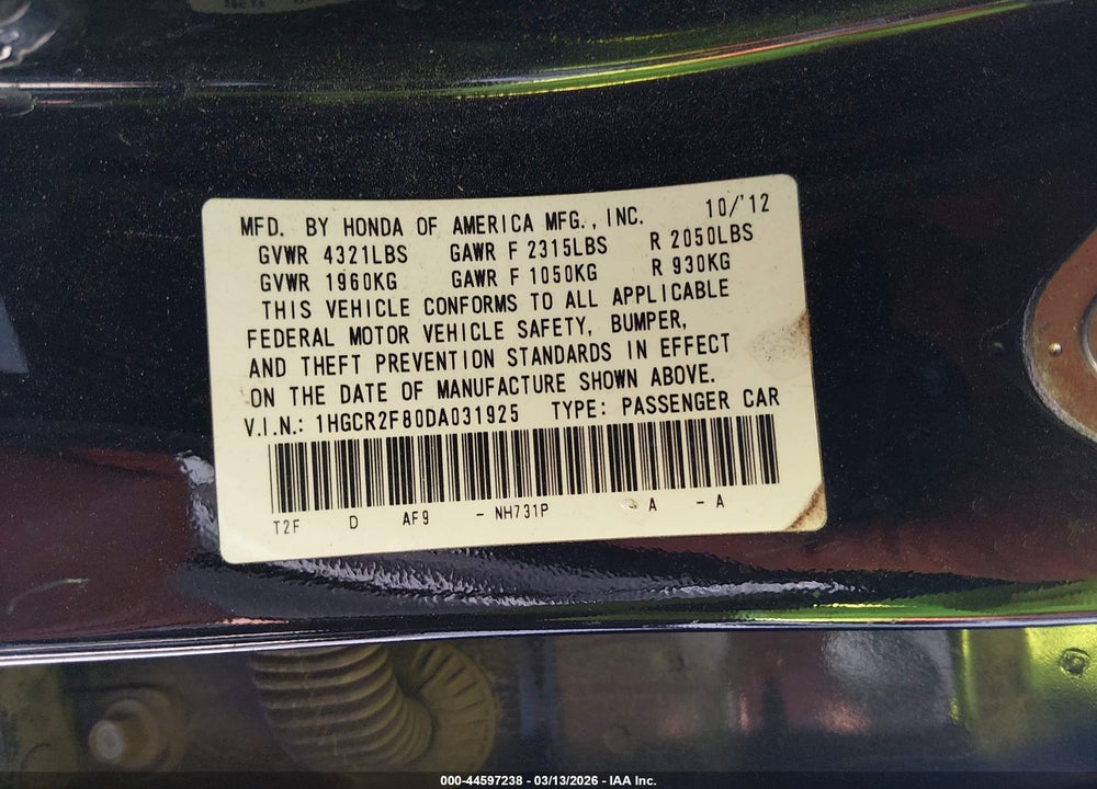 2013 HONDA ACCORD EX-L VIN: 1HGCR2F80DA031925