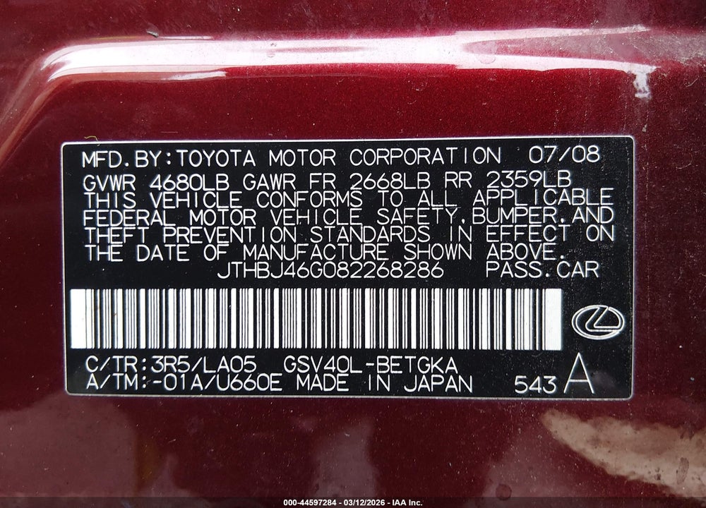 2008 LEXUS ES 350 VIN: JTHBJ46G082268286