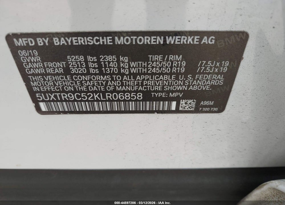 2019 BMW X3 XDRIVE30I VIN: 5UXTR9C52KLR06858