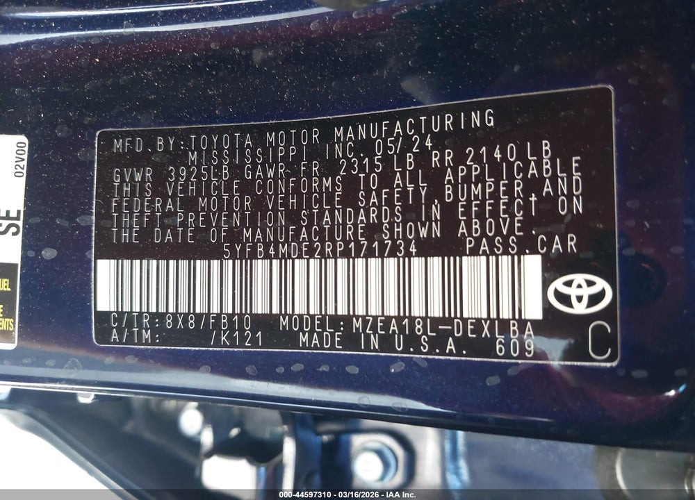 2024 TOYOTA COROLLA LE VIN: 5YFB4MDE2RP171734