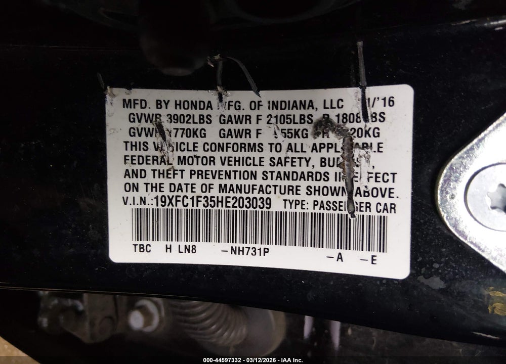 2017 HONDA CIVIC EX-T VIN: 19XFC1F35HE203039