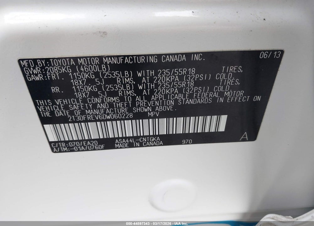 2013 TOYOTA RAV4 LIMITED VIN: 2T3DFREV6DW060228