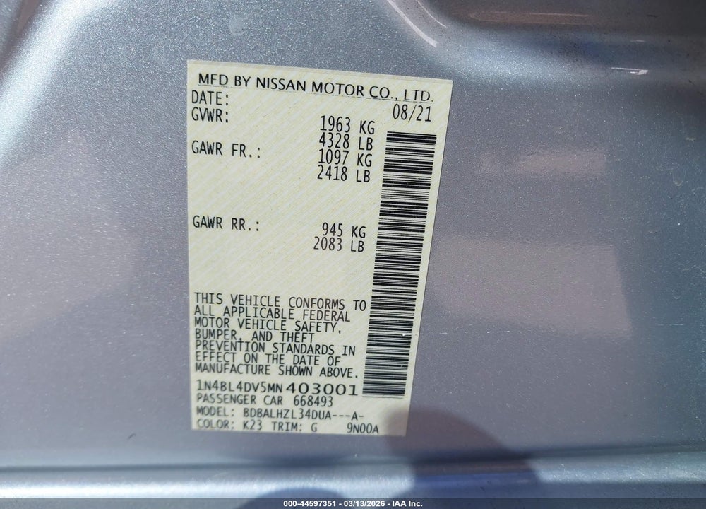 2021 NISSAN ALTIMA SV FWD VIN: 1N4BL4DV5MN403001