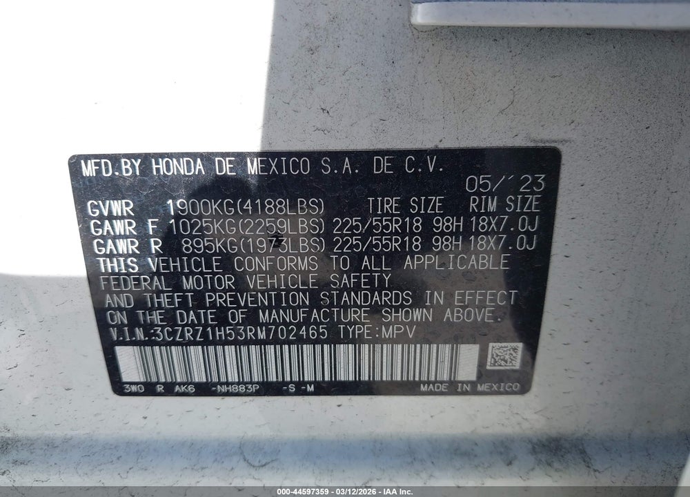 2024 HONDA HR-V 2WD SPORT/2WD SPORT W/O BSI VIN: 3CZRZ1H53RM702465