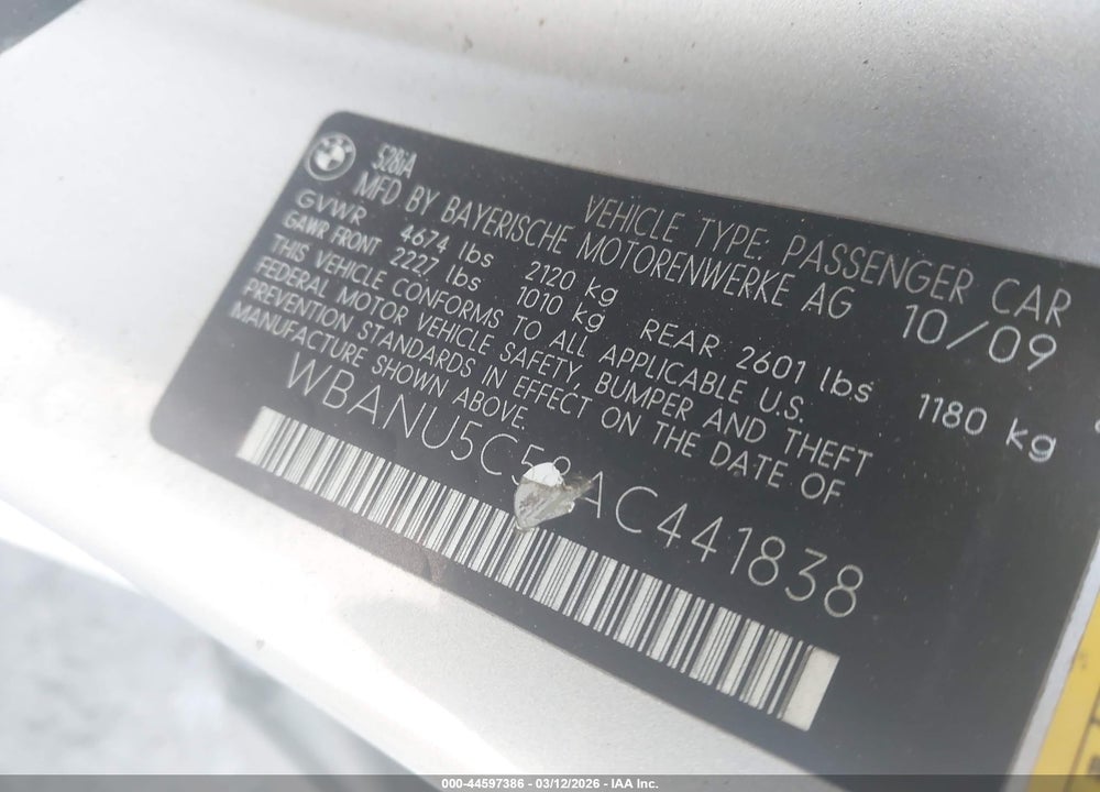 2010 BMW 528I VIN: WBANU5C58AC441838