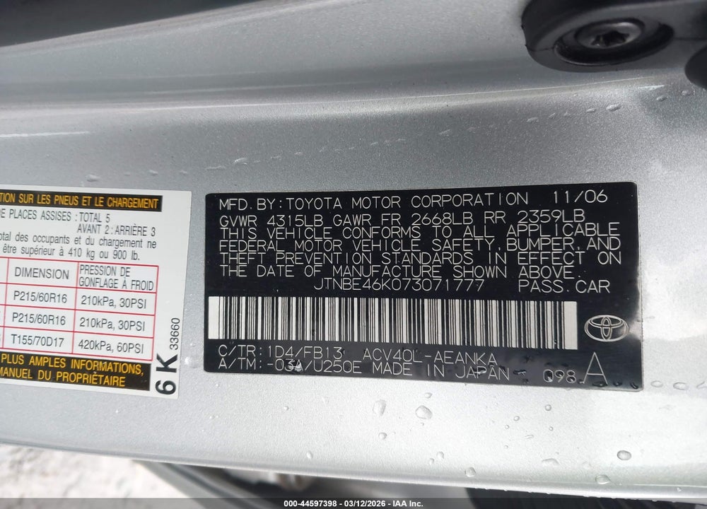 2007 TOYOTA CAMRY CE VIN: JTNBE46K073071777