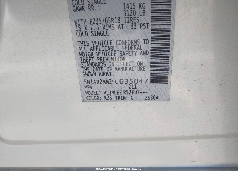 2015 NISSAN PATHFINDER SV VIN: 5N1AR2MM2FC635047