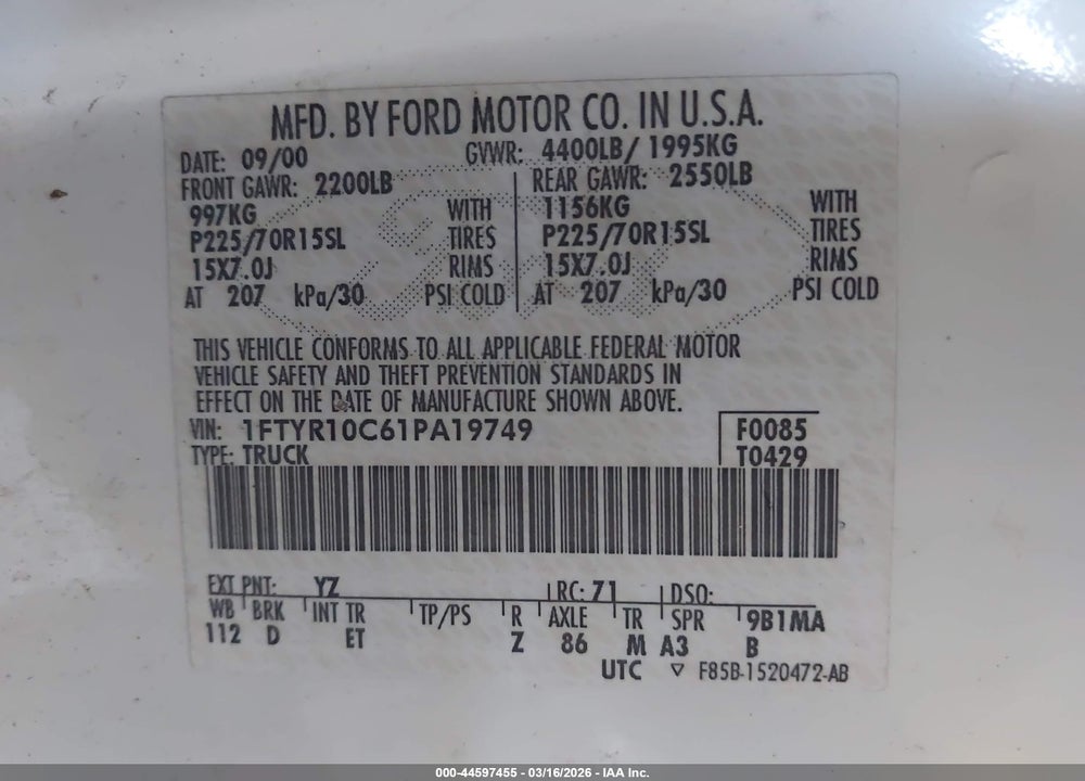 2001 FORD RANGER XL/XLT VIN: 1FTYR10C61PA19749